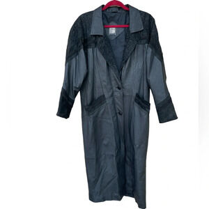 Greg Bell Leather Trench Coat Long Sleeve Collared Button Midi Black Size S